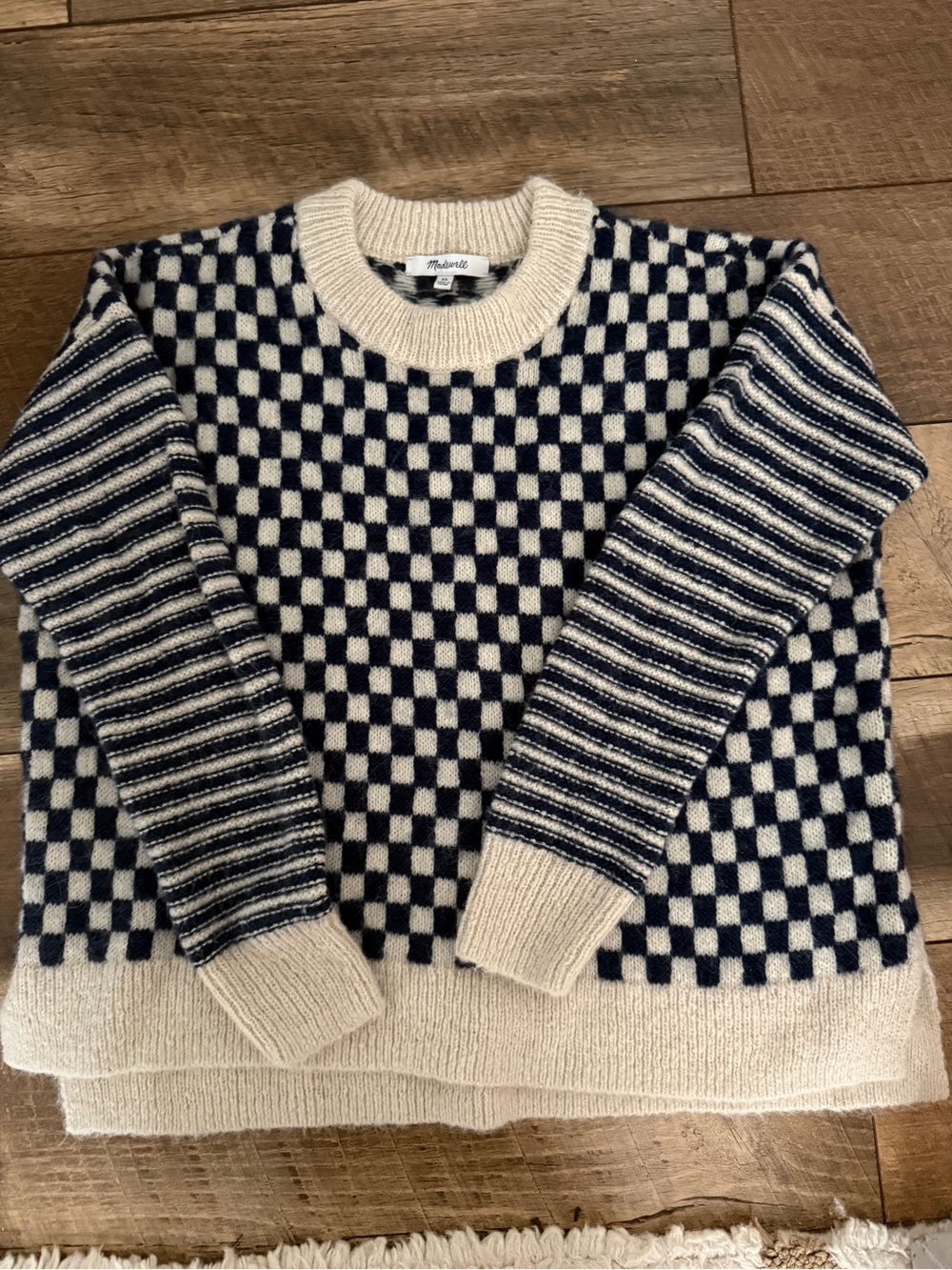 Womens Checkerboard Crewneck Sweater - Navy & Cream